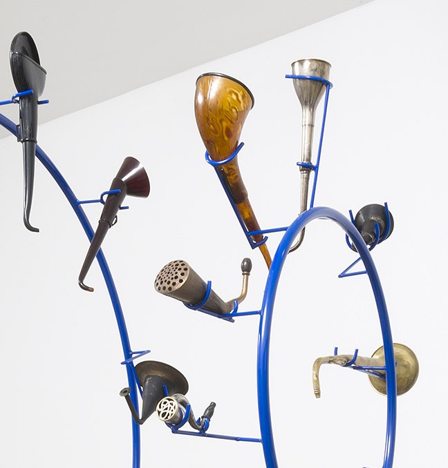 (detail) Having a voice and having a choice, and Having a choice and having a voice, 2014, metal, assorted antique ear trumpets from the 19th and 20th centuries, 7’ X 4 ½’ X 3’