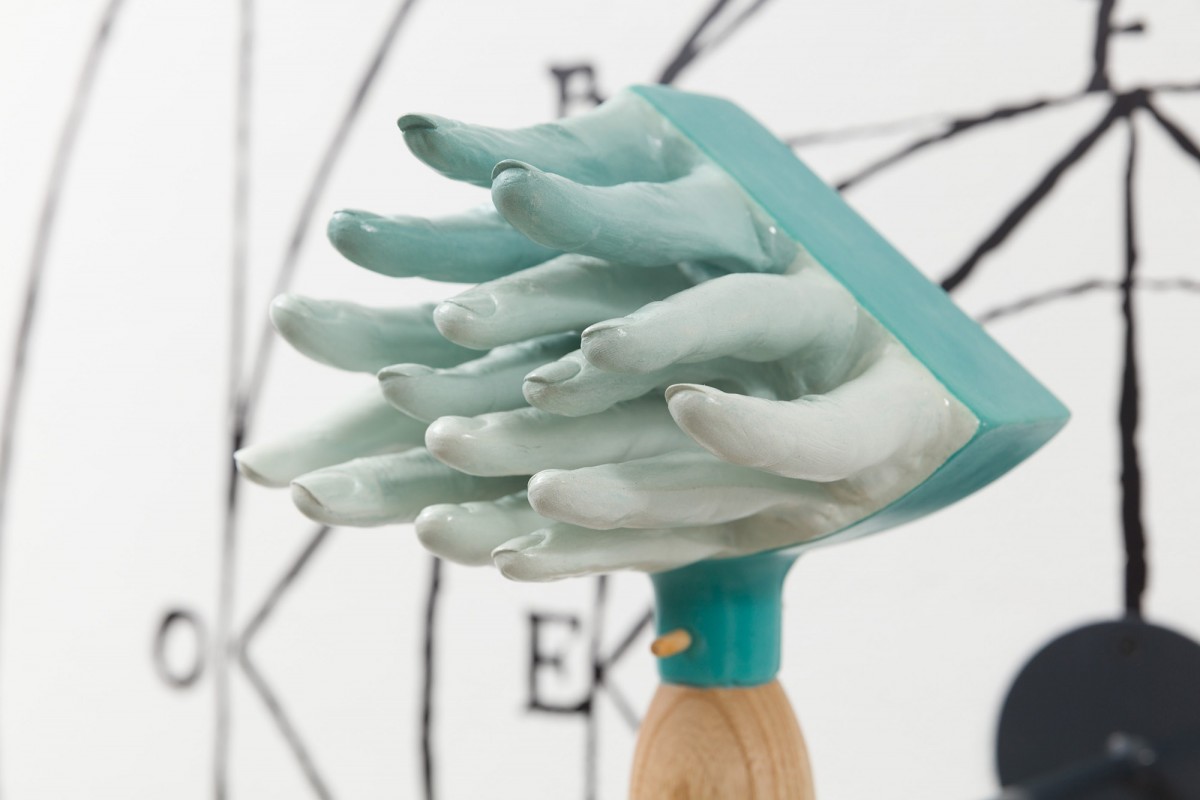#metoo-rattle-battle (F.U.J.M+S.S.), from the blame-game rattle series, 2018, ceramic, wood, glass, 6" x 9" x 16"