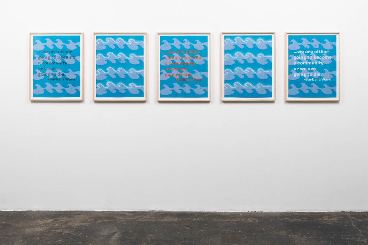 After Sister Mary Corita Kent and Rising waves, 2021, paper, ink, graphite, pencil, 19.5” x 25.5” each, edition of 17 (photo credit: Elon Schoenholz)