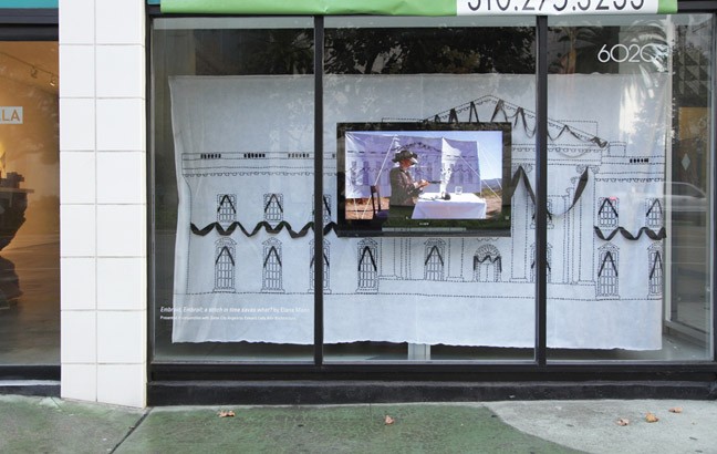 Embroid, Embroil; a stitch in time saves what? installation view on Wilshire Blvd., Los Angeles, CA