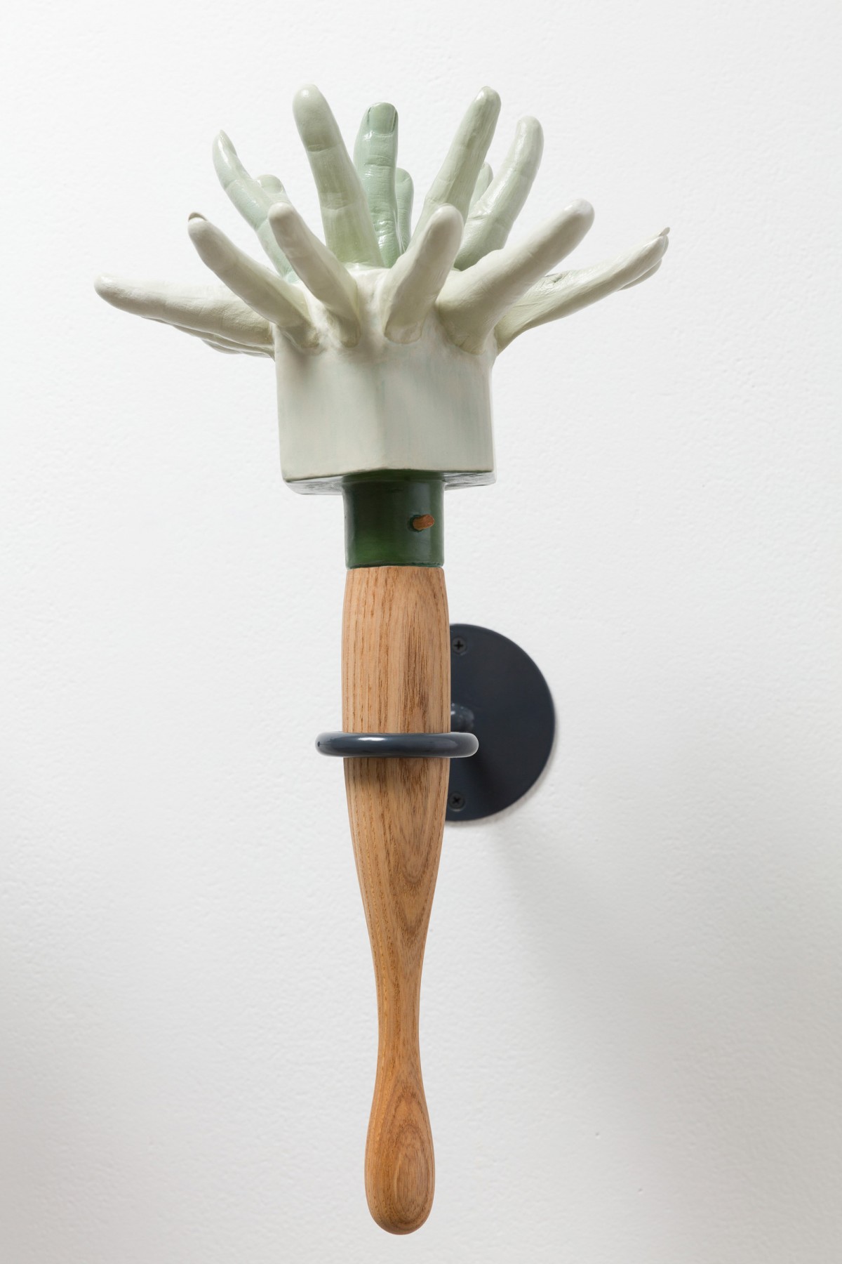 Quest for Purity, from the blame-game rattle series, 2018, ceramic, wood, glass, 9" x 9" x 18"